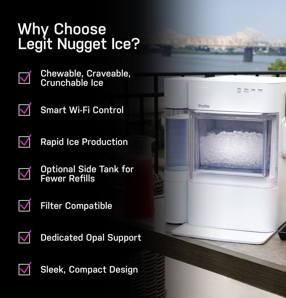GE Profile Opal 2.0 Ultra Nugget Ice Maker with Scale Inhibiting Filter, Scoop Included, 38 lbs in 24 Hours, Pellet Ice Machine with WiFi & Smart Connected, Stone White
