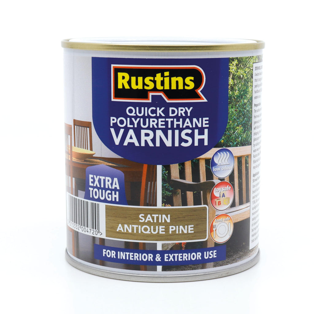 RustinsQuick Dry Poly Varnish Satin Clear 500ml -Tough, Water-Based Clear Finish in Gloss, Matt or Satin; Durable Protection for Interior Wood, Furniture and Floors