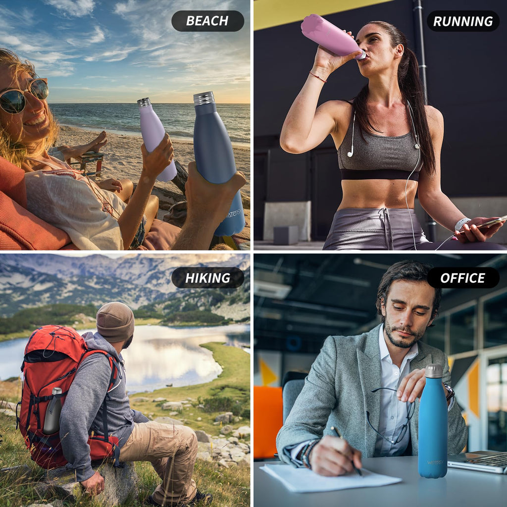 Stainless Steel Insulated Water Bottle, WATERSY Double Walled Metal Vacuum Flask Keep 24 Hrs Cold & 12 Hrs Hot Thermal Metal Sports Bottles 500ml BPA Free for Outdoor, Work, Gym, School (Black)