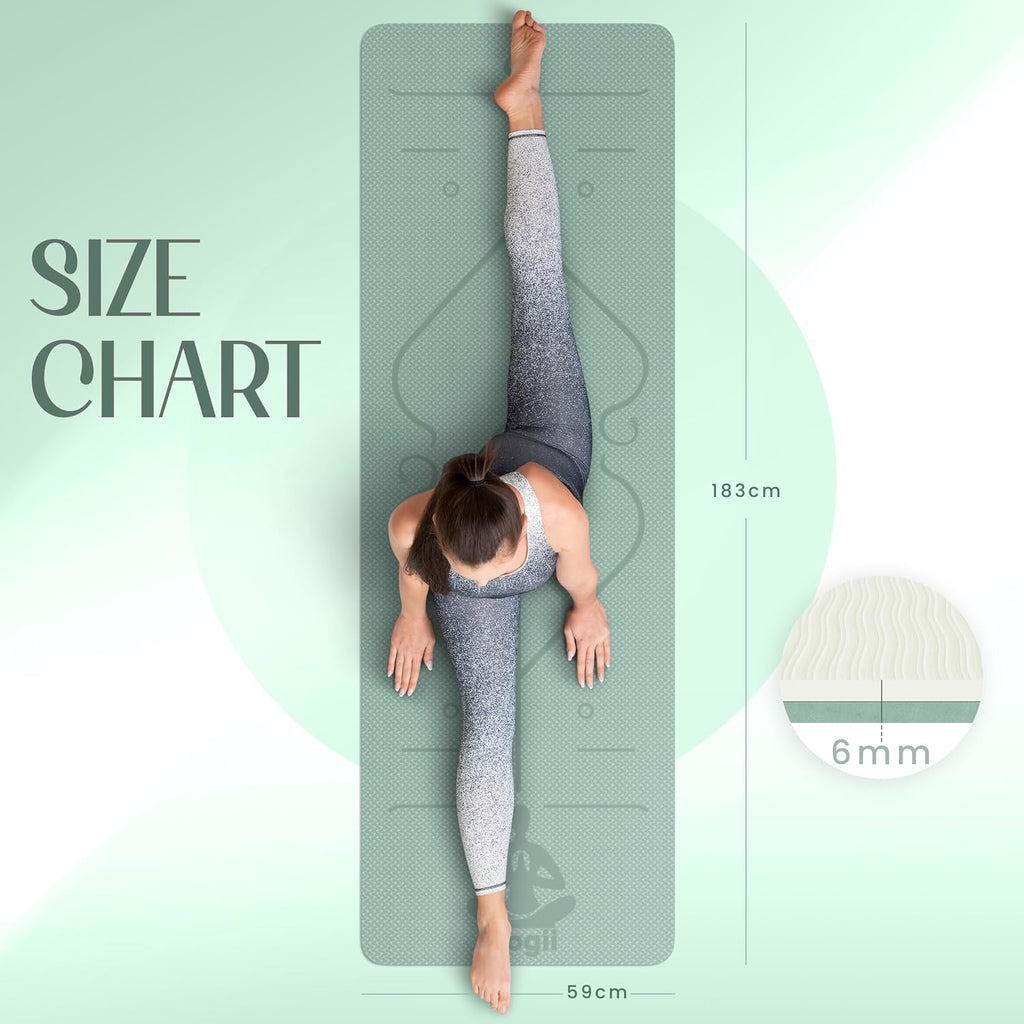 Yogii Yoga Mat - Non-Slip 6mm Thick TPE & Travel-friendly Yoga Mat - Perfect for Home & Gym Exercise Fitness & Pilates - With Laser Alignment Guides for Men & Women