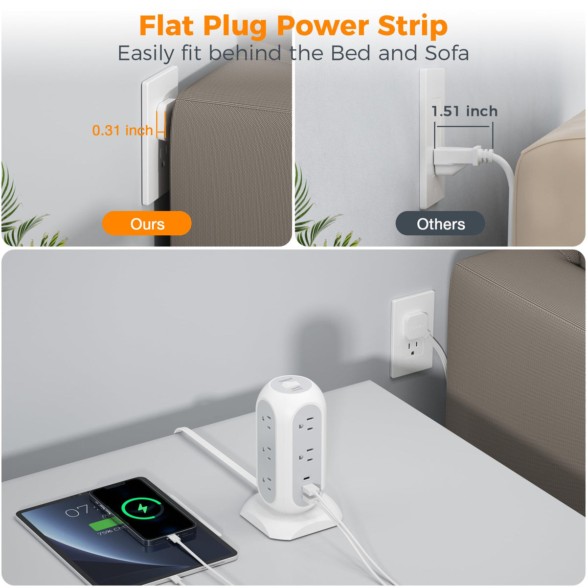 TESSAN Tower Power Strip Flat Plug with 1050J Surge Protection, 6 Ft, Black