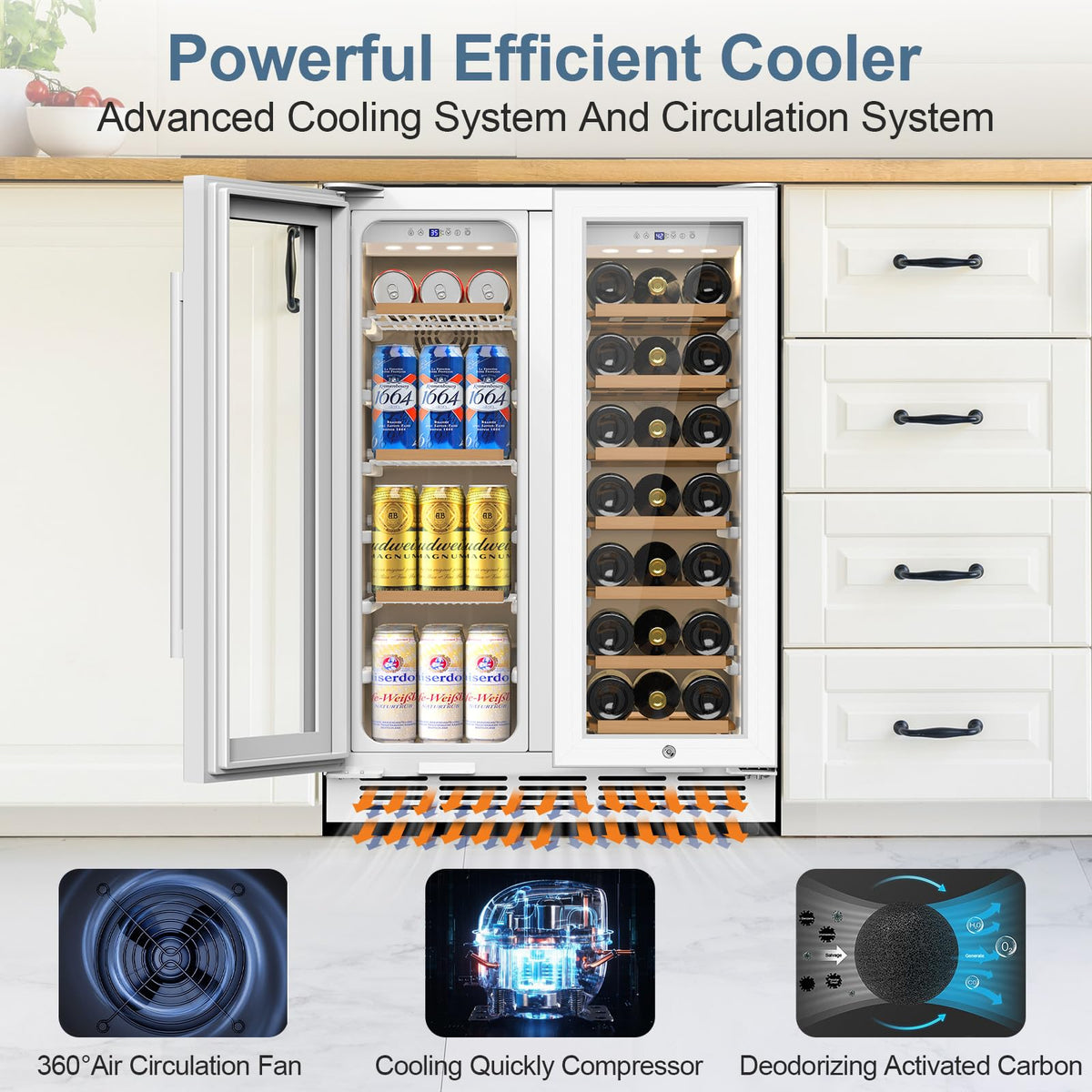 24" Dual Zone Wine and Beverage Refrigerator, Under Counter with Glass Door
