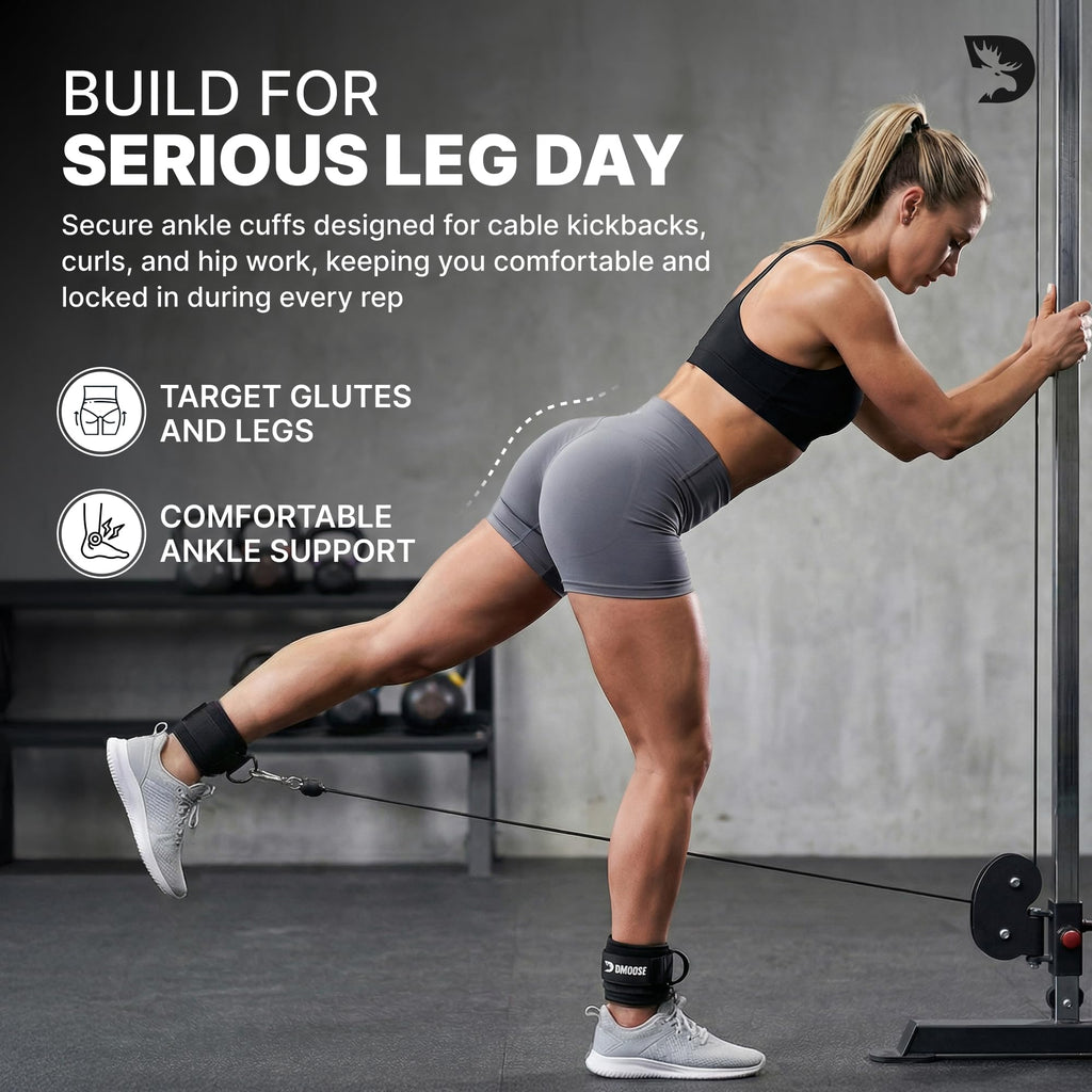 DMoose Fitness Ankle Strap for Cable Machine - One Size Fit with Premium Padding Cuffs - Cable Kickback Ankle Straps - Gym Attachments & Lower Body Exercises