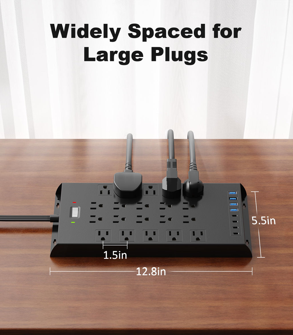 Surge Protector Power Strip 4800J, LeZone 10Ft Long Extension Cord Flat Plug, 20 Outlets 8 USB Ports(4 USB-C), Wall Mountable, Desk Charging Station, Black