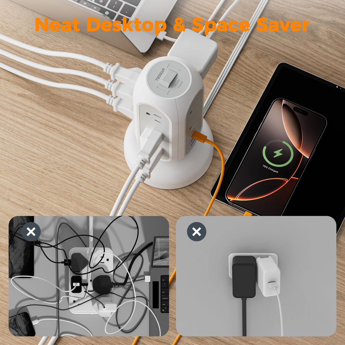 TESSAN Tower Power Strip Flat Plug with 1050J Surge Protection, 6 Ft, Black