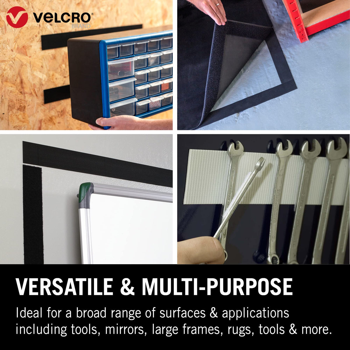 VELCRO Brand, Heavy Duty Stick On Tape, Cut-to-Length Industrial Extra Strong Double Sided Hook & Loop Self Adhesive Tape Perfect for Room Décor & Home, Office, Garage Use, White, 50mm x 1m