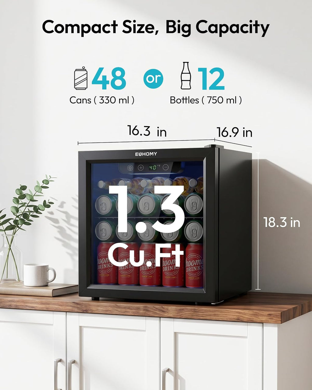 EUHOMY 24 Can Mini Fridge, 18L Beverage Refrigerator with Quiet Compressor