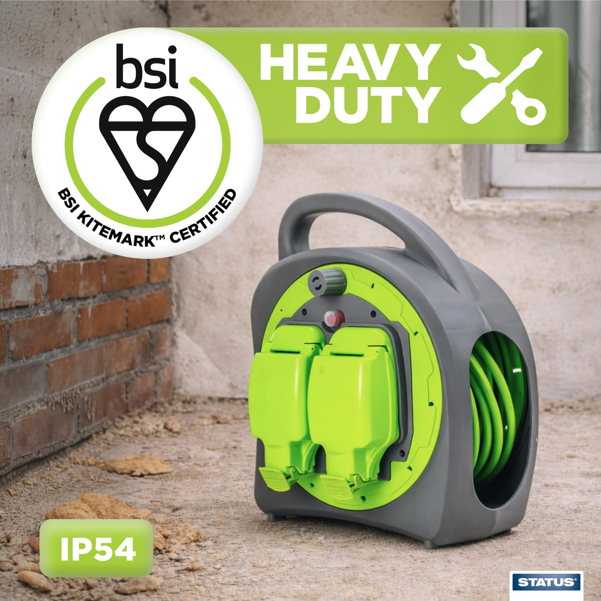 STATUS 2 Socket Cable Reel,10m Green Outdoor Extension Lead, Heavy Duty, 13 Amp, Thermal Cut Out Overload Protection, Ideal for Garden Power Tools,DIY Use, Workshop (S13A10MCR3)
