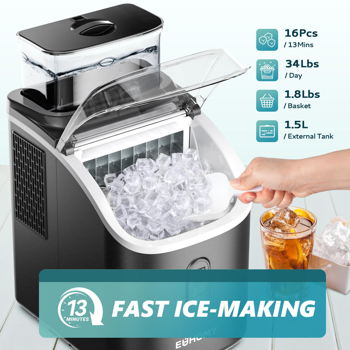 EUHOMY Countertop Ice Maker Machine with Handle, 26.4lbs Per Day, 9 Ice Cubes Ready in 6 Mins, Auto-Cleaning Portable Ice Maker with Basket and Scoop, for Home/Kitchen/Camping/RV (Black)