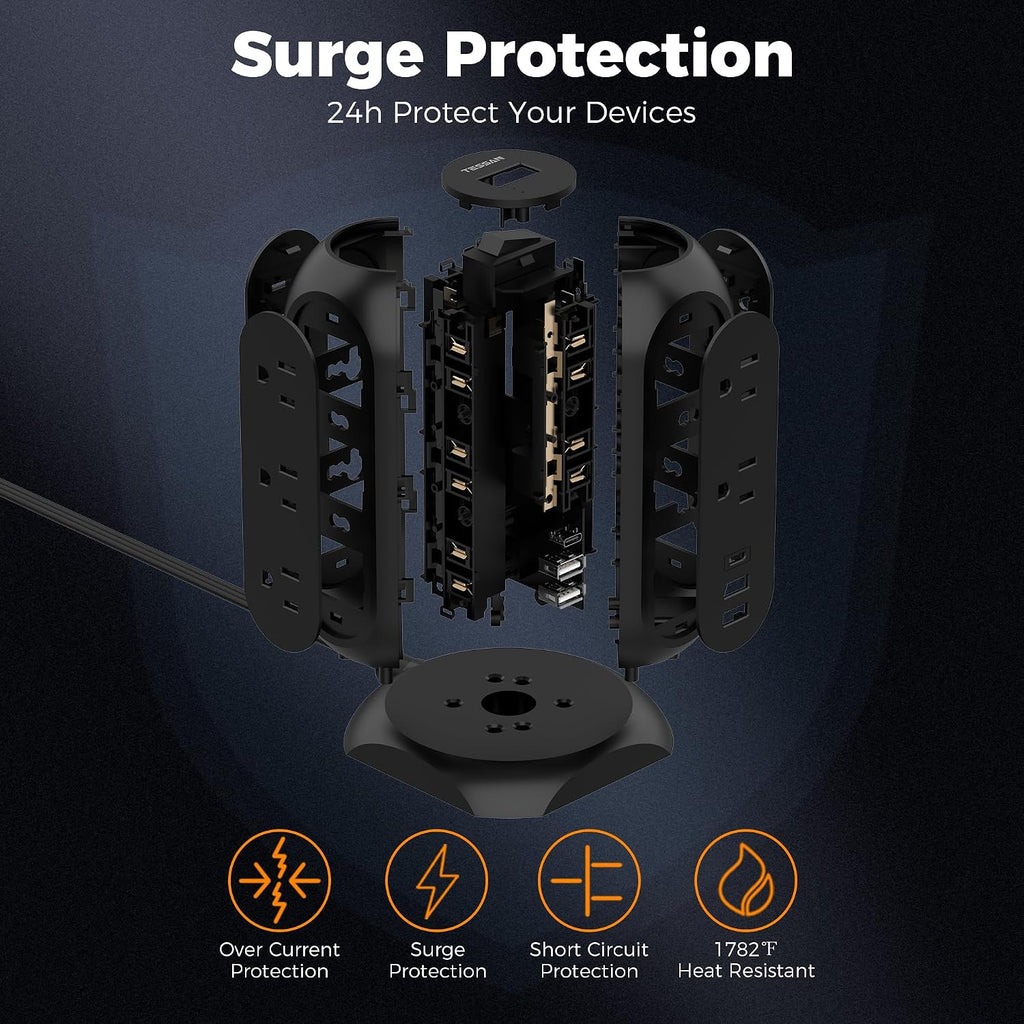TESSAN Tower Power Strip Flat Plug with 1050J Surge Protection, 6 Ft, Black