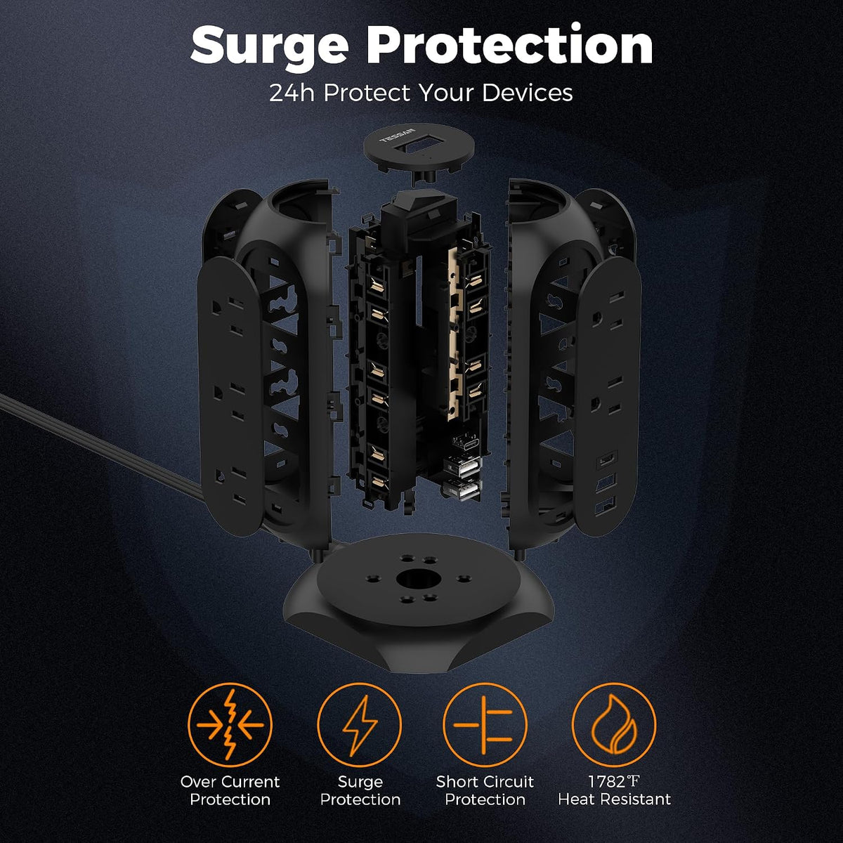 TESSAN Tower Power Strip Flat Plug with 1050J Surge Protection, 6 Ft, Black