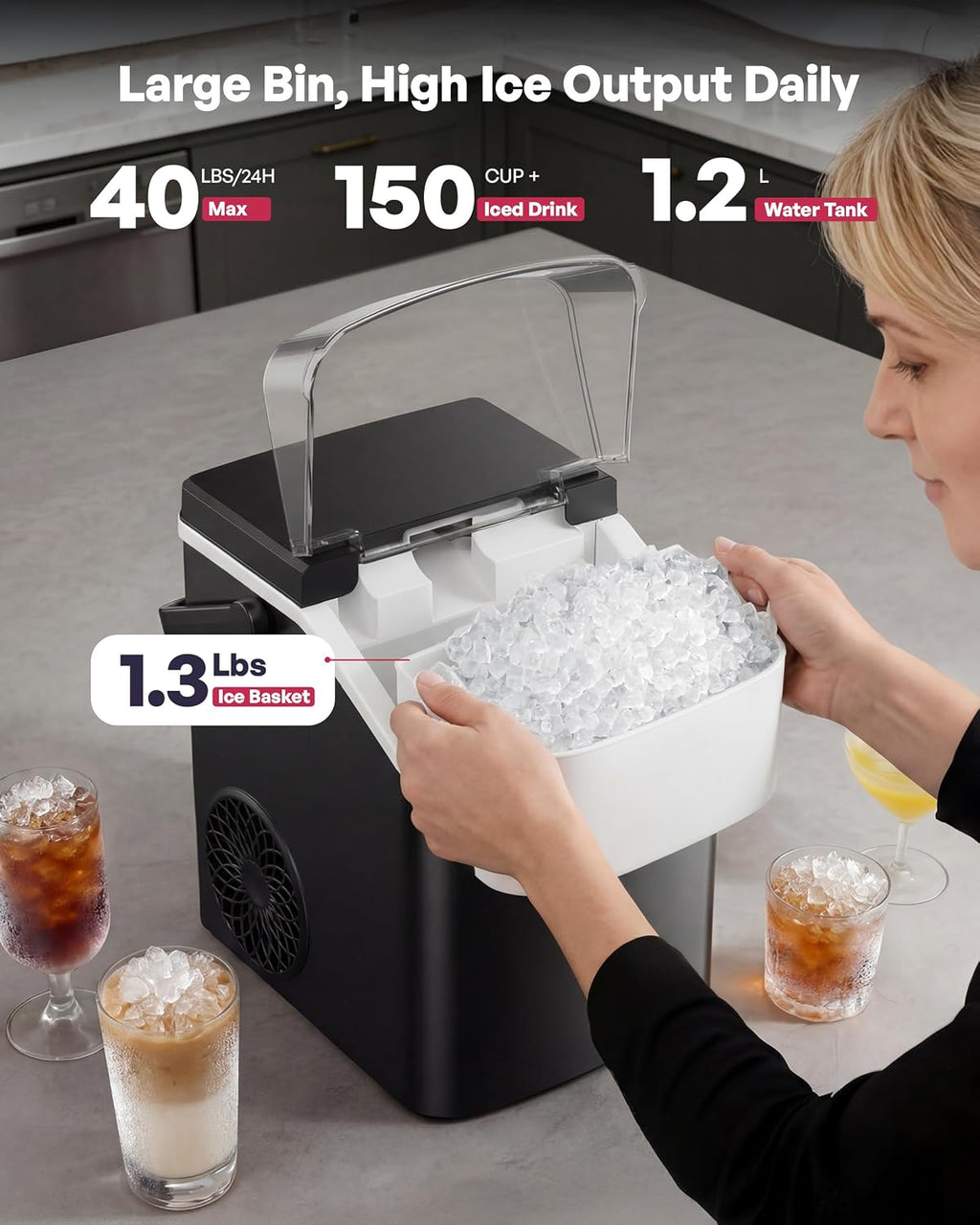 EUHOMY Nugget Ice Maker Countertop with Handle, Max 40lbs Daily Sonic Ice