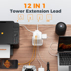 TESSAN 8 Way Black Tower Extension Lead 2M with 4 USB Slots (2 USB C)
