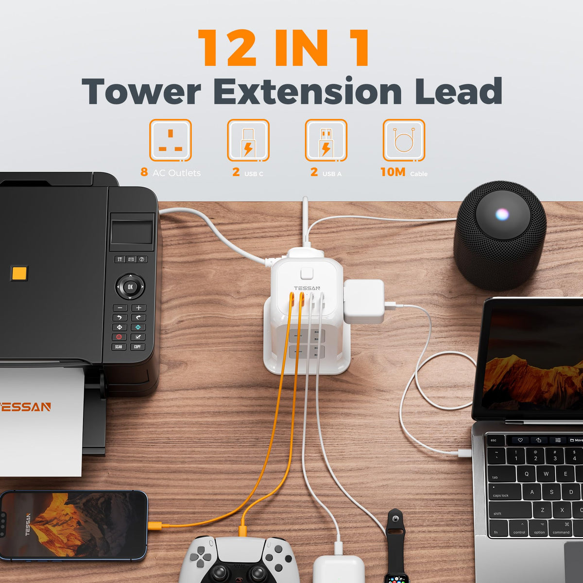 TESSAN 8 Way Black Tower Extension Lead 2M with 4 USB Slots (2 USB C)