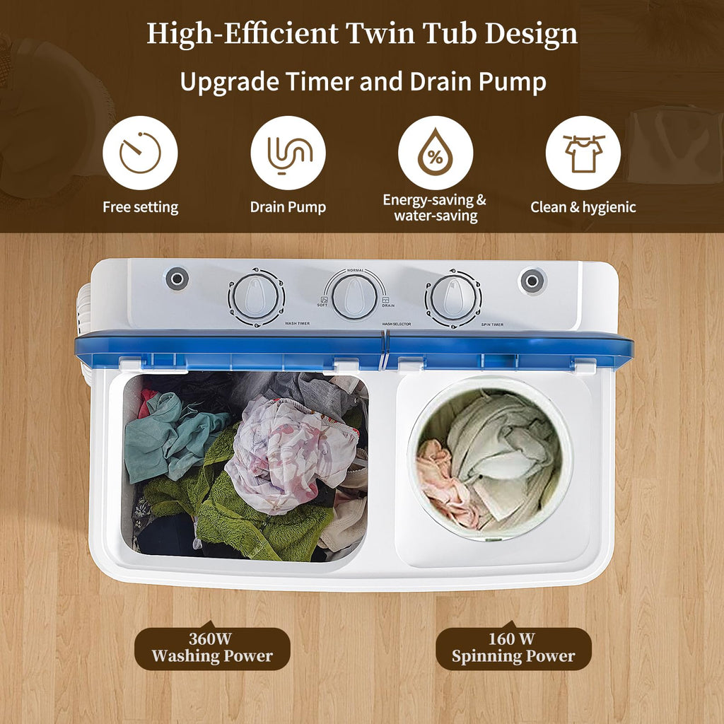 VCJ Portable Washing Machine, Twin Tub Washing Machine Laundry Compact Washer spinner Combo with 40lbs capacity, 24Lbs Washer and 16Lbs Spinner dryer for Apartments RVs and Dorms