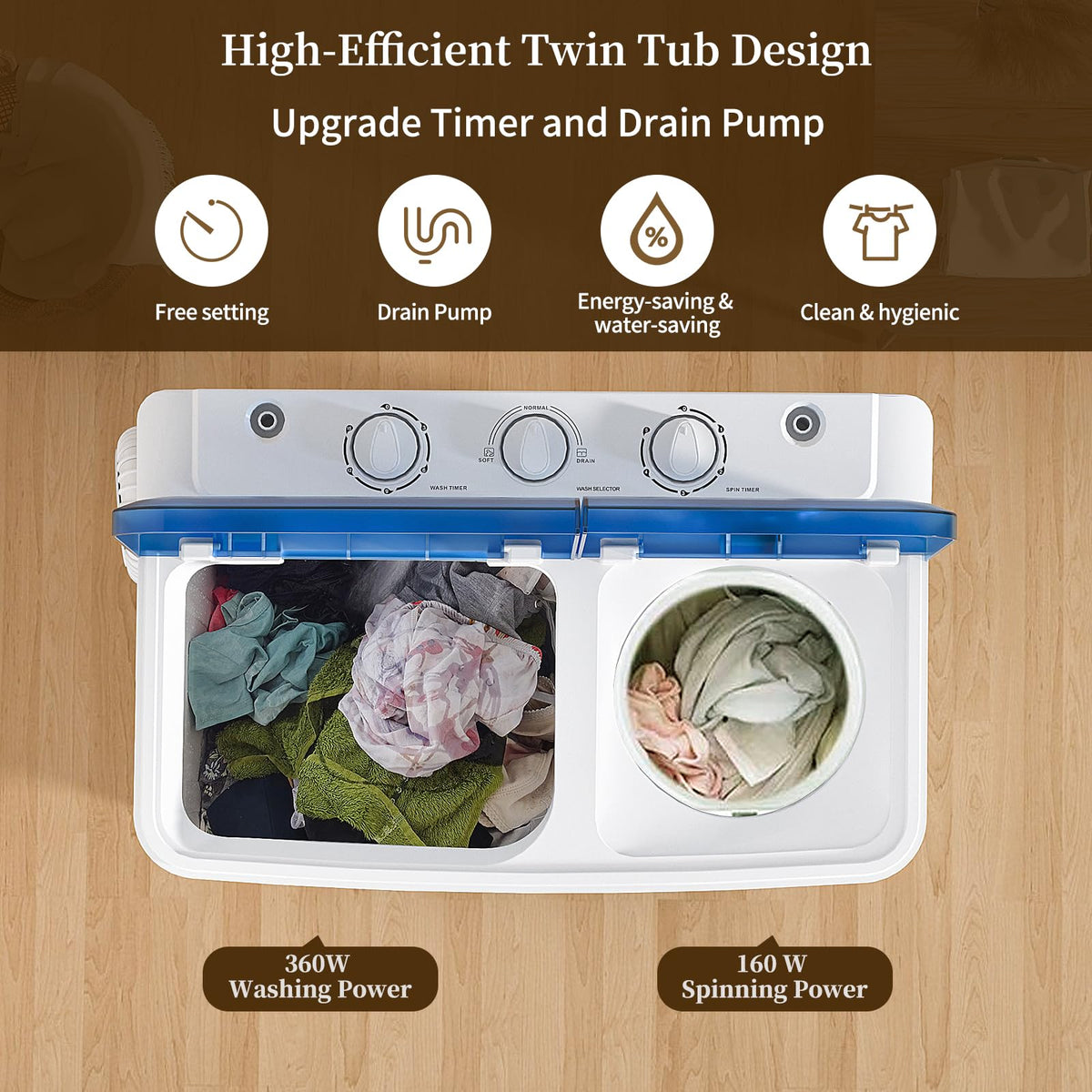 VCJ Portable Washing Machine, Twin Tub Washing Machine Laundry Compact Washer spinner Combo with 40lbs capacity, 24Lbs Washer and 16Lbs Spinner dryer for Apartments RVs and Dorms