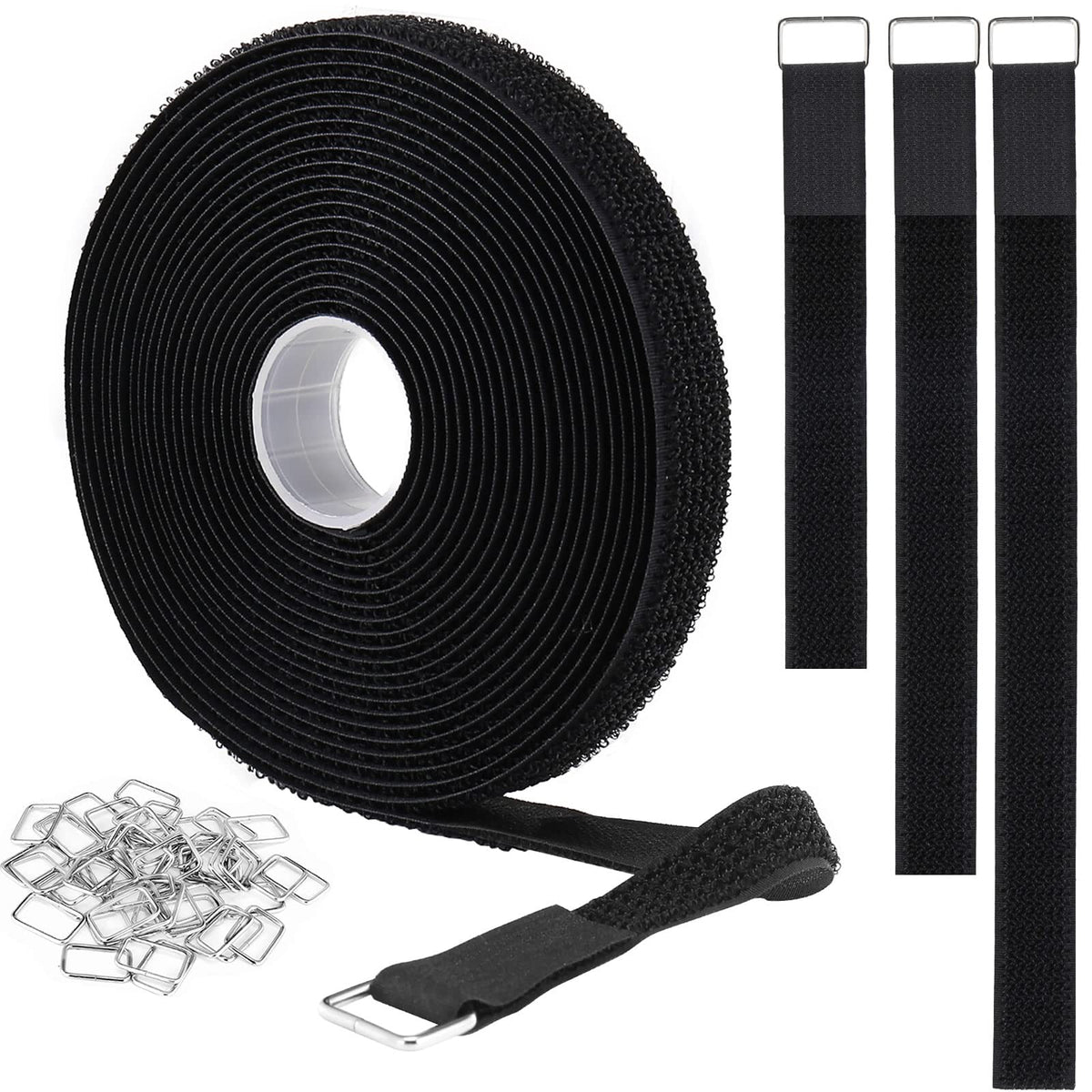 YMCRLUX 1"x64ft Hook and Loop Straps with 70 Metal Buckles, Adjustable Fastening Cable Straps, Cut-to-Length Cinch Strap, Reusable Nylon Securing Cord Ties for Organizer or Storage, 1 inch Wide, Black