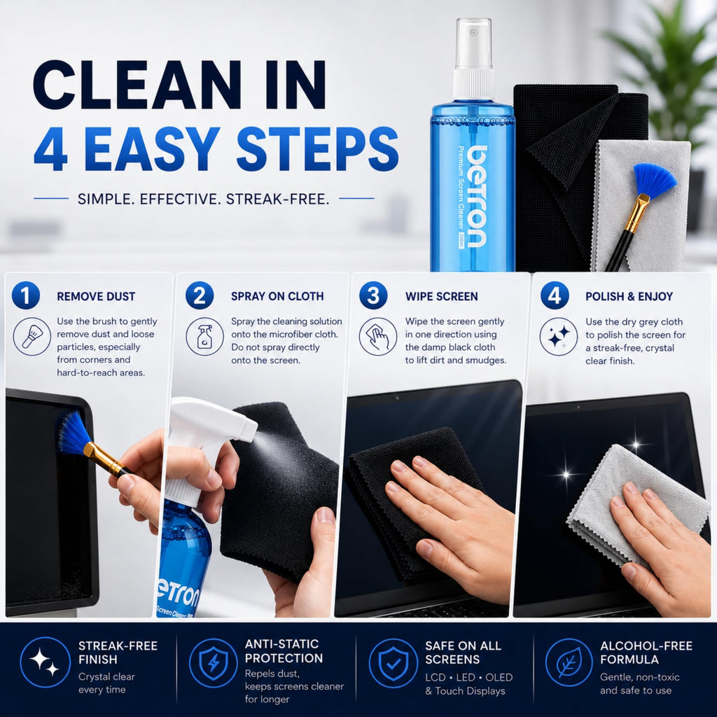 Betron Screen Cleaner Spray Kit with Cloth for TV, Laptop, Monitor, 500ml