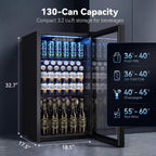 130 Can Beverage Refrigerator, 3.2 Cu.ft Fridge, Glass Door