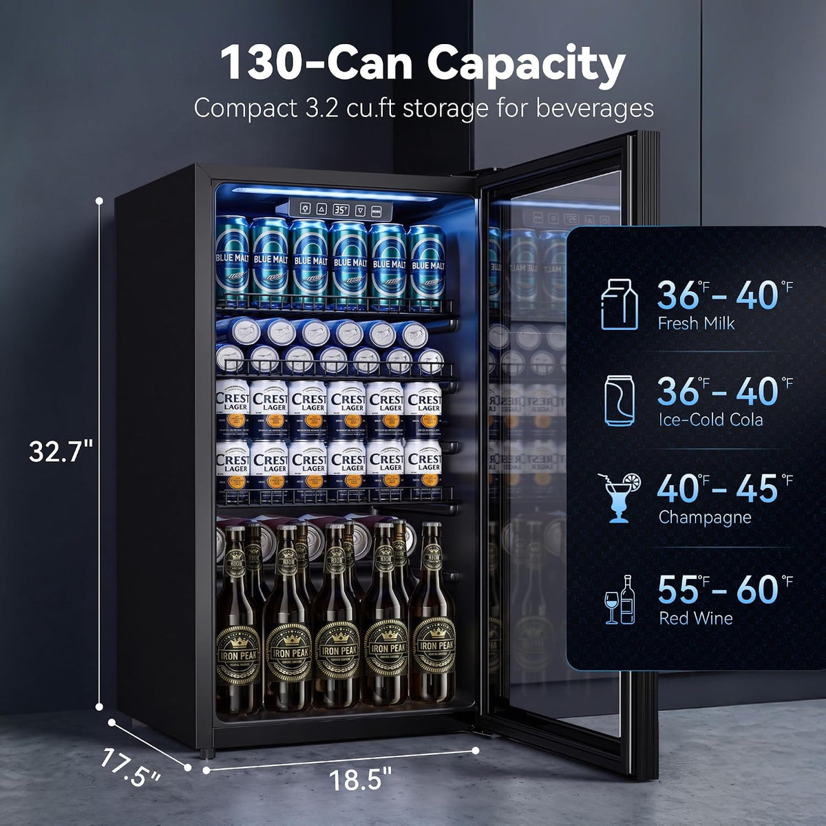 130 Can Beverage Refrigerator, 3.2 Cu.ft Fridge, Glass Door