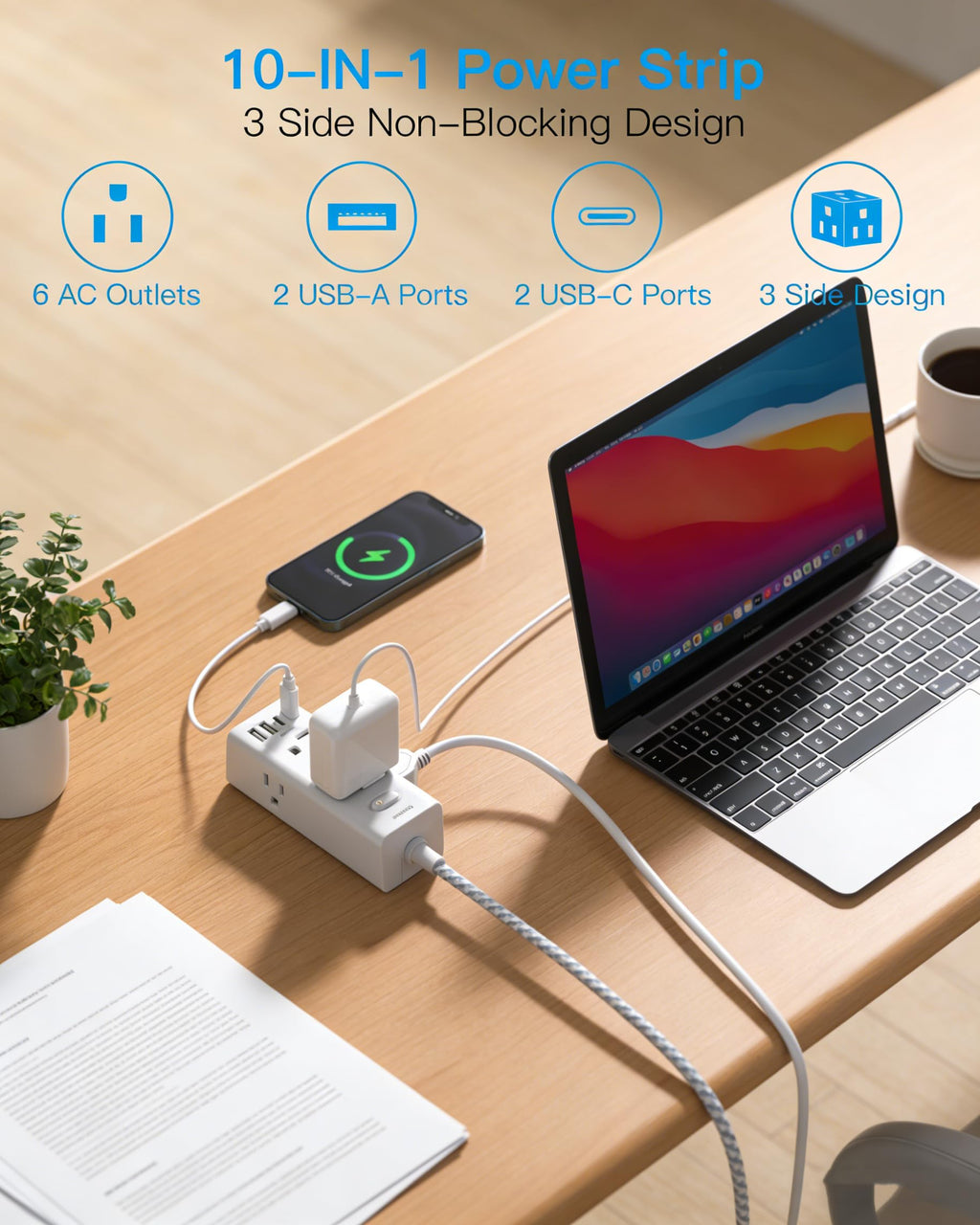 One Beat Surge Protector Power Strip, 5 Ft Flat Plug Extension Cord, 900J