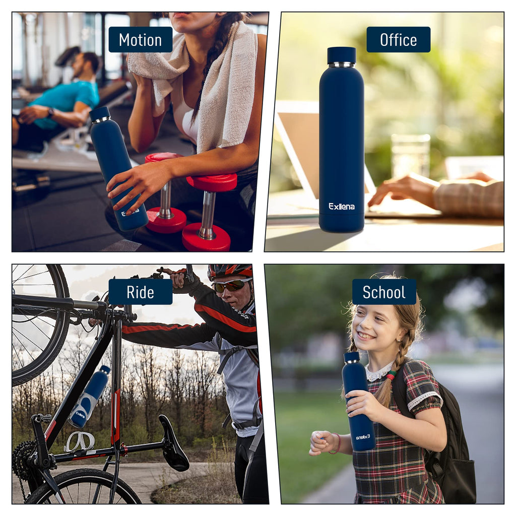 Exllena Insulated Black Water Bottles 750ml with Clip, Double Wall Vacuum Drinks Bottle Keeps Drinks Cold 24 Hrs/Hot 12 Hrs, Stainless Steel Water Bottle BPA Free