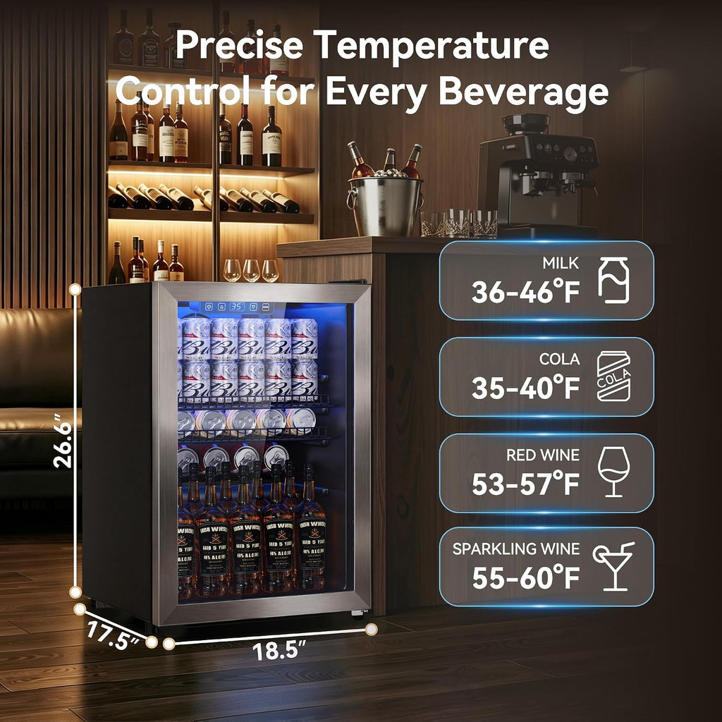 2.5 Cu.Ft Beverage Fridge, Glass Door Mini Fridge, Silver, 96 Can