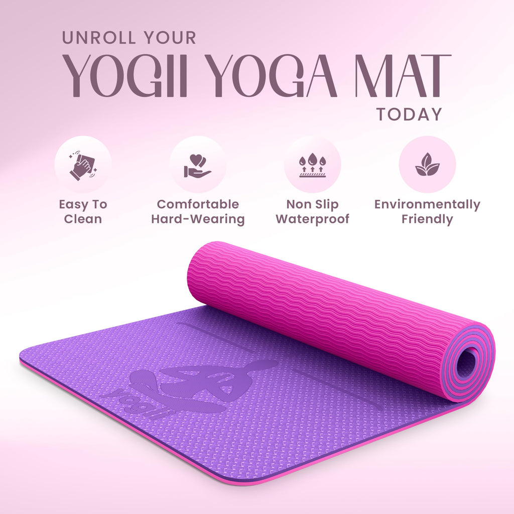 Yogii Yoga Mat - Non-Slip 6mm Thick TPE & Travel-friendly Yoga Mat - Perfect for Home & Gym Exercise Fitness & Pilates - With Laser Alignment Guides for Men & Women