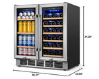24" Dual Zone Wine and Beverage Refrigerator, Under Counter with Glass Door