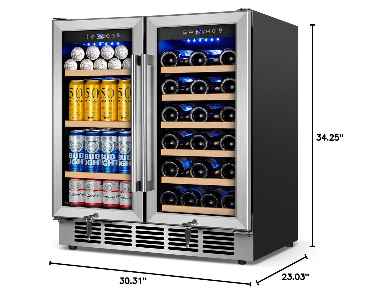 24" Dual Zone Wine and Beverage Refrigerator, Under Counter with Glass Door
