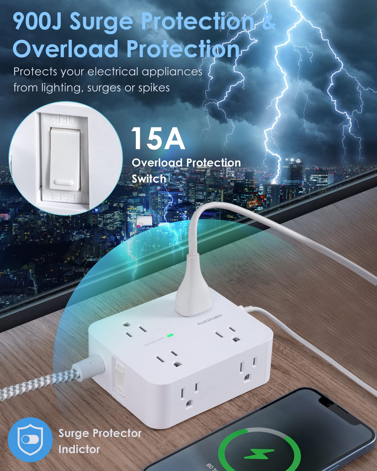 HANYCONY Surge Protector Power Strip, 10 Ft Braided Extension Cord, 1080J