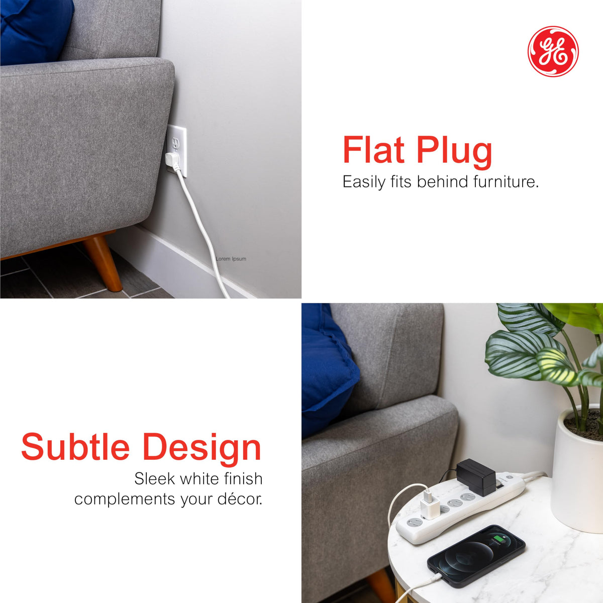 GE Surge Protector Power Strip, 6 Ft Extension Cord, 6 Outlet Extender