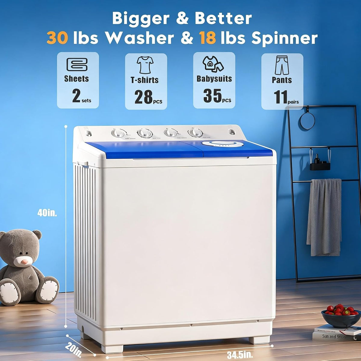 Auertech Portable Washing Machine, 28lbs Twin Tub Washer Mini Compact Laundry Machine with Drain Pump, Semi-automatic 18lbs Washer 10lbs Spinner Combo for Dorms, Apartments, RVs