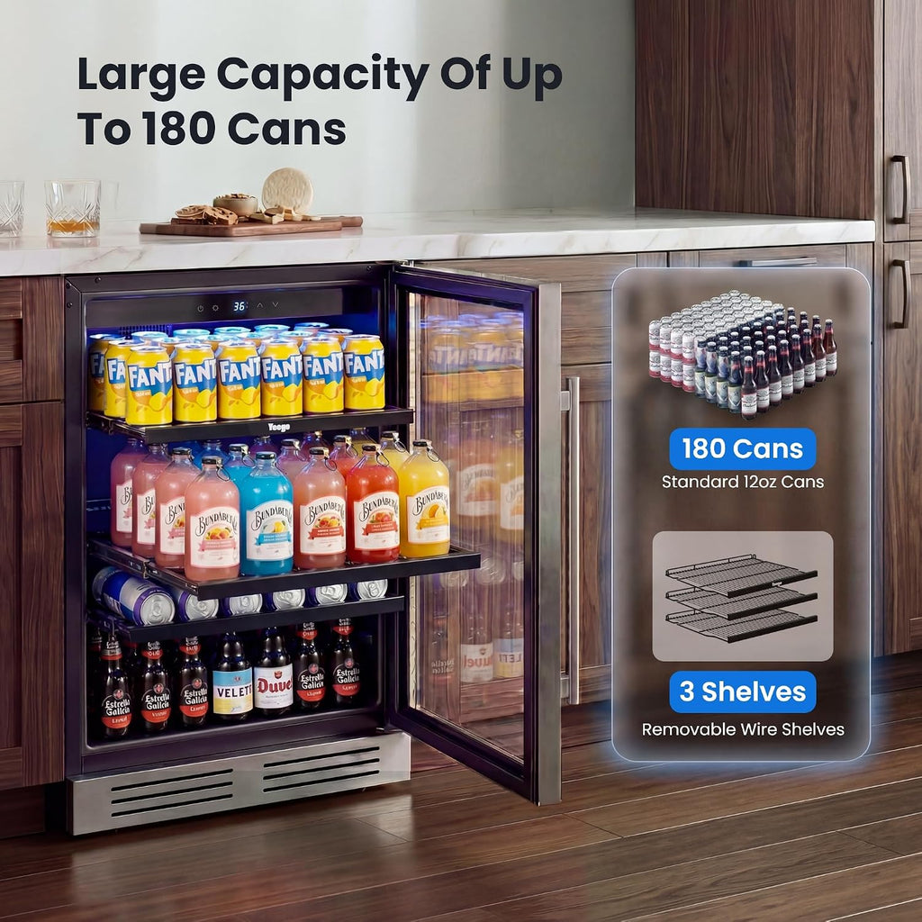Yeego Beverage Refrigerator - 24 inch 180 Cans Beer Cooler with Glass Door