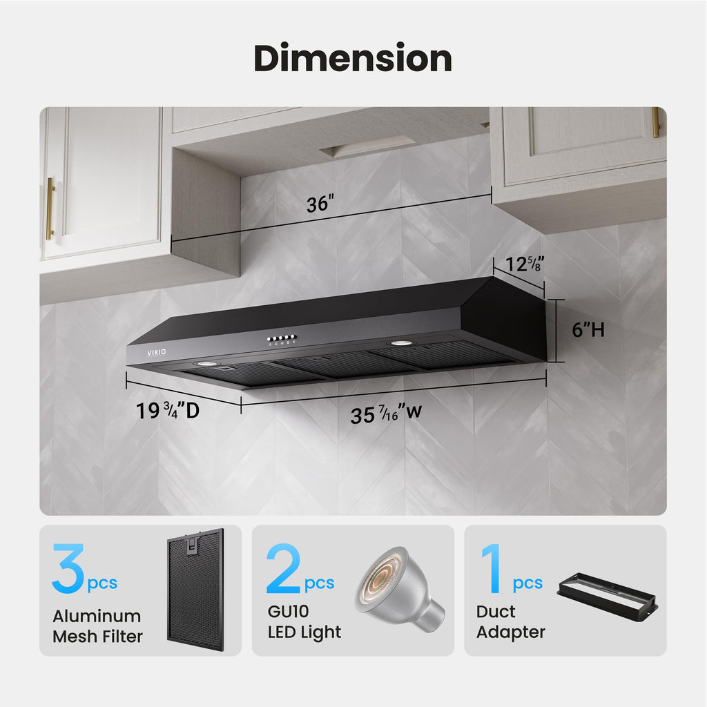 VIKIO HOME Under Cabinet Range Hood 30 Inch, 1200 CFM Dual-Motor Kitchen Vent with LED Lights, Button Control, Ducted Stainless Steel Vent Hood, Reusable 5-Layer Aluminum Filters, Black