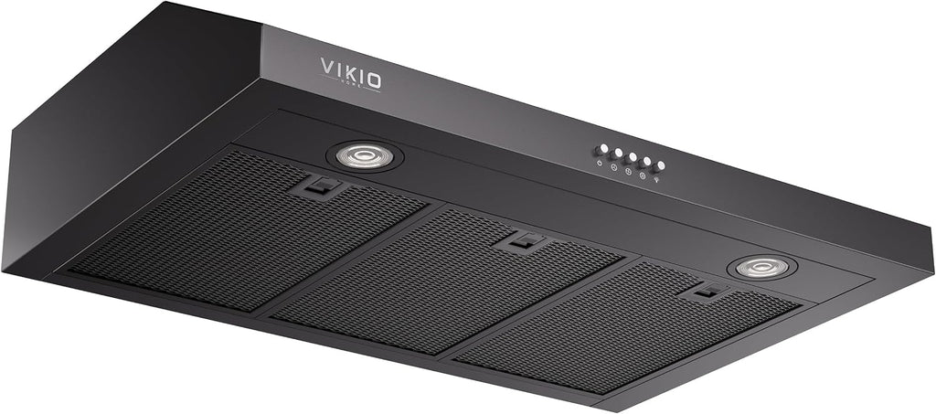 VIKIO HOME Under Cabinet Range Hood 30 Inch, 1200 CFM Dual-Motor Kitchen Vent with LED Lights, Button Control, Ducted Stainless Steel Vent Hood, Reusable 5-Layer Aluminum Filters, Black
