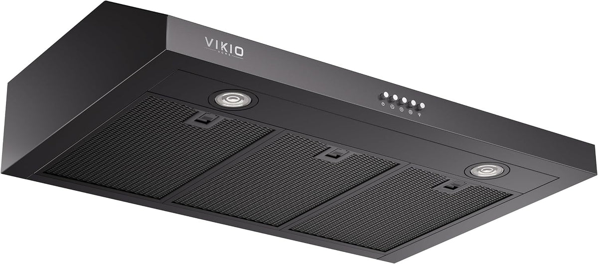 VIKIO HOME Under Cabinet Range Hood 30 Inch, 1200 CFM Dual-Motor Kitchen Vent with LED Lights, Button Control, Ducted Stainless Steel Vent Hood, Reusable 5-Layer Aluminum Filters, Black