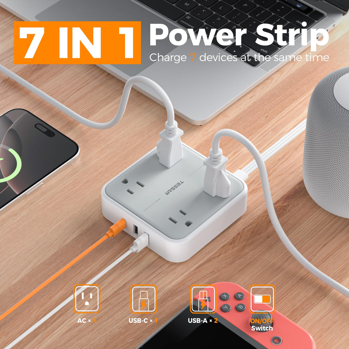 TESSAN PD 20W Surge Protector Extension Cord 5Ft, Flat Plug Power Strip