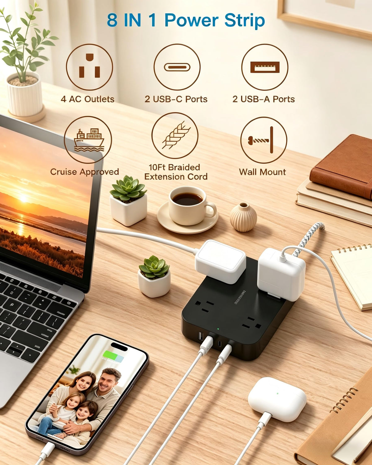 10 Ft Extension Cord, Flat Power Strip with 4 Outlets 4 USB Ports (2 USB C)