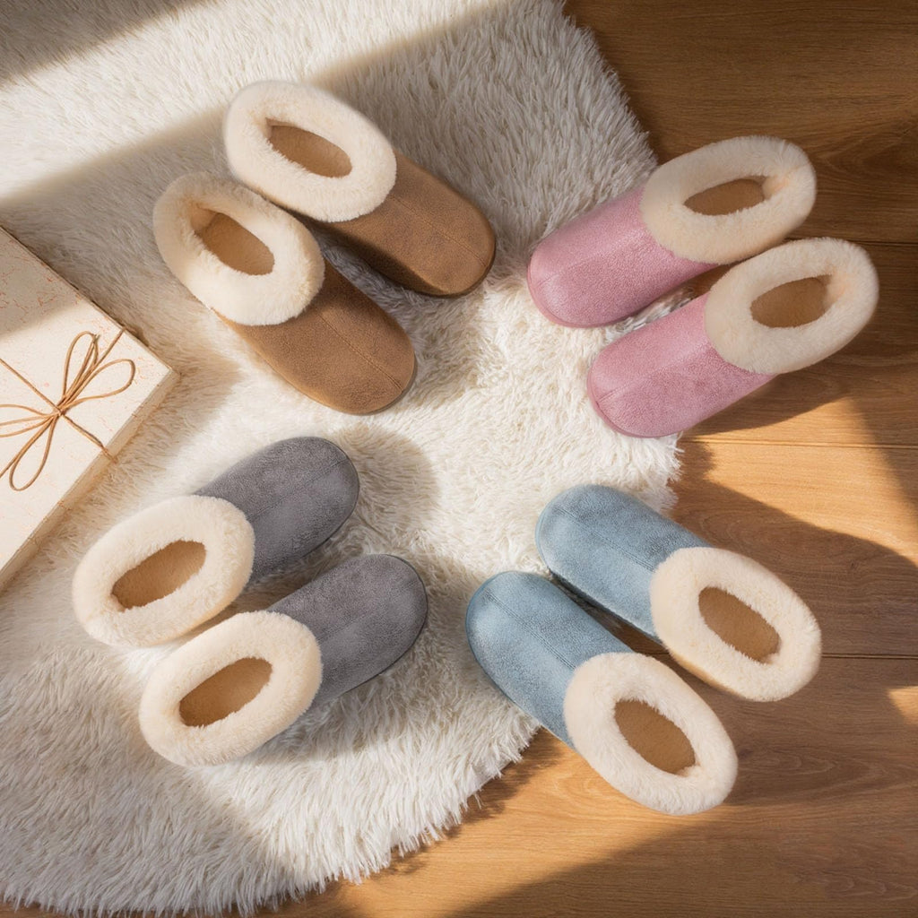 EverFoams Women's Suede Bootie Slippers Fuzzy Plush Collar Memory Foam