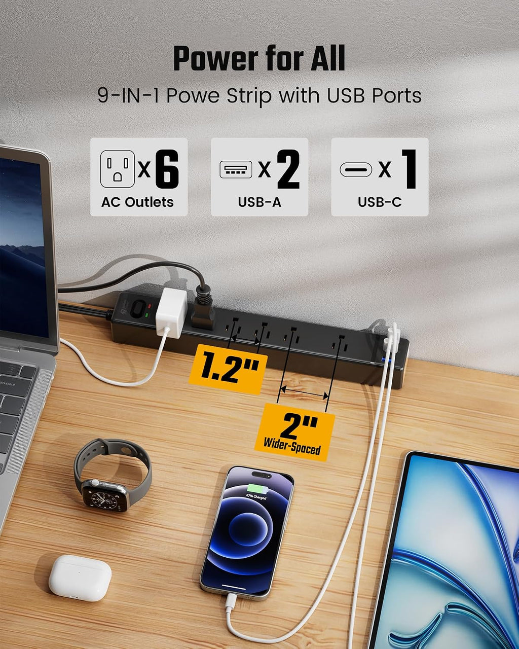 SUPERDANNY 6Ft Thin Extension Cord, Flat Plug Surge Protector Power Strip