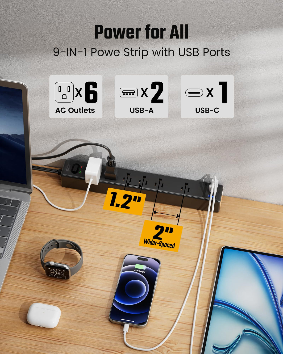 SUPERDANNY 6Ft Thin Extension Cord, Flat Plug Surge Protector Power Strip