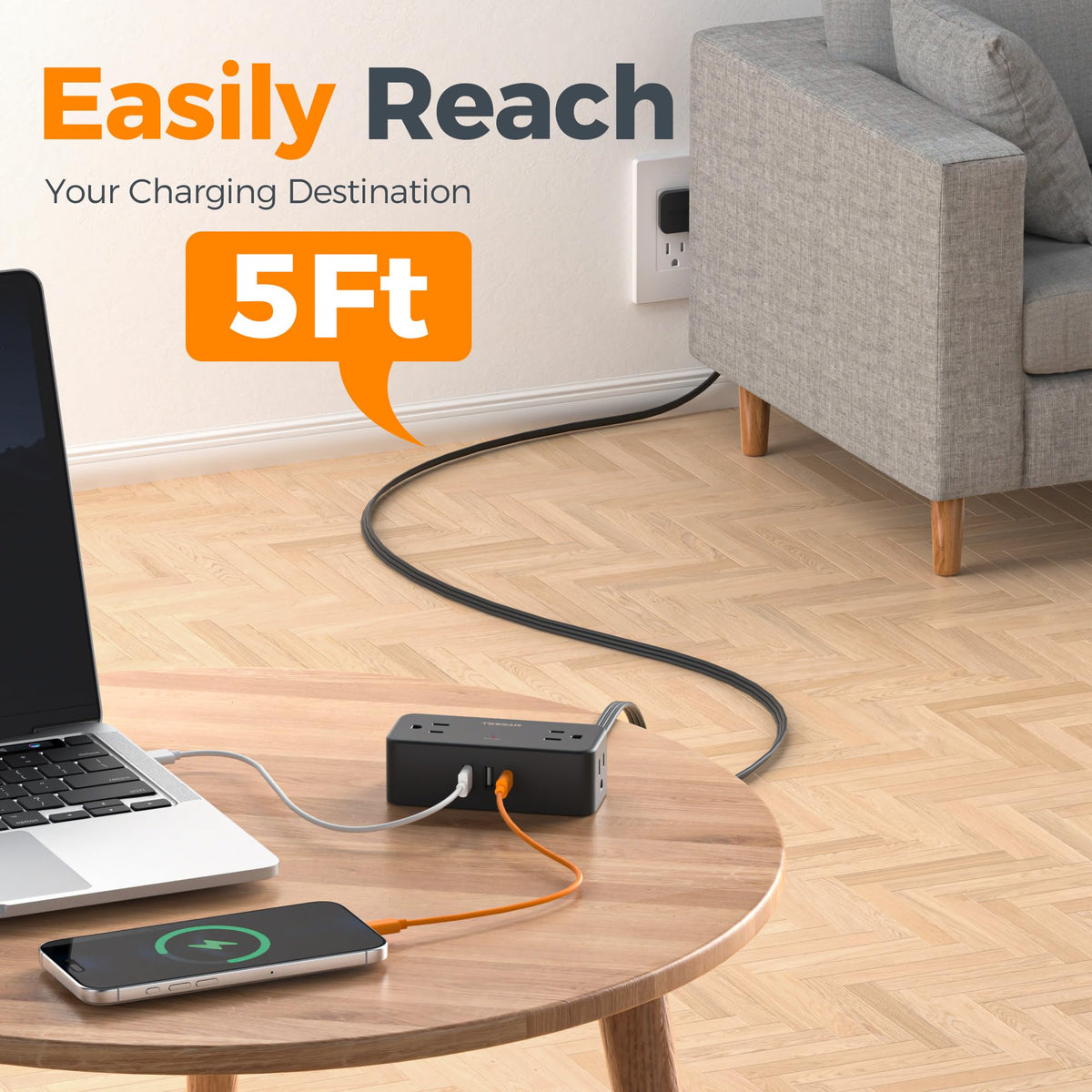 TESSAN Extension Cord 10 FT, Power Strip with 900J Surge Protection, Grey