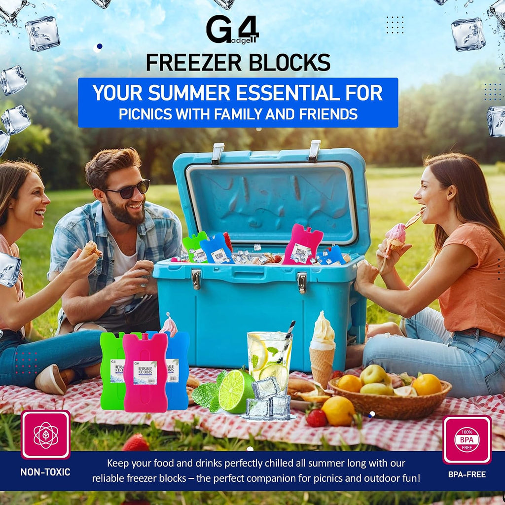 G4GADGET 16cm Freezer Blocks – Pack of 4 – Long-Lasting Reusable Ice Packs for Coolers, Picnic Bags, Travel & Outdoor Adventures – Ideal for Beach & Hiking Trips