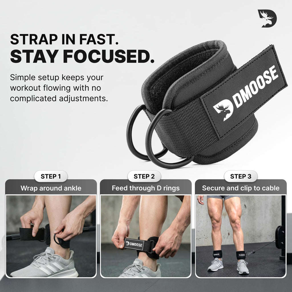 DMoose Fitness Ankle Strap for Cable Machine - One Size Fit with Premium Padding Cuffs - Cable Kickback Ankle Straps - Gym Attachments & Lower Body Exercises