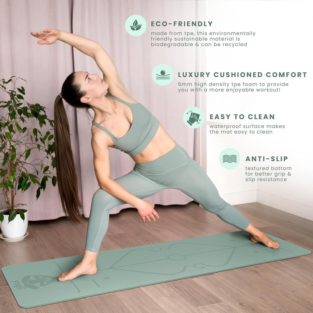 Yogii Yoga Mat - Non-Slip 6mm Thick TPE & Travel-friendly Yoga Mat - Perfect for Home & Gym Exercise Fitness & Pilates - With Laser Alignment Guides for Men & Women