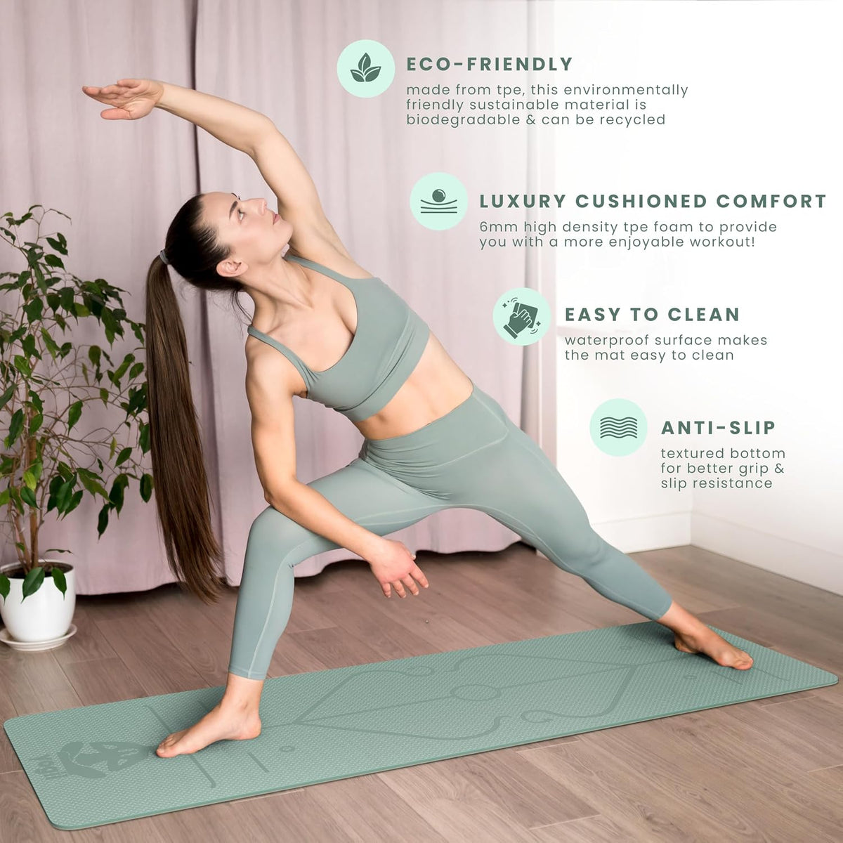 Yogii Yoga Mat - Non-Slip 6mm Thick TPE & Travel-friendly Yoga Mat - Perfect for Home & Gym Exercise Fitness & Pilates - With Laser Alignment Guides for Men & Women