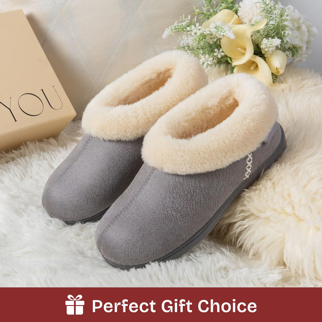EverFoams Women's Suede Bootie Slippers Fuzzy Plush Collar Memory Foam
