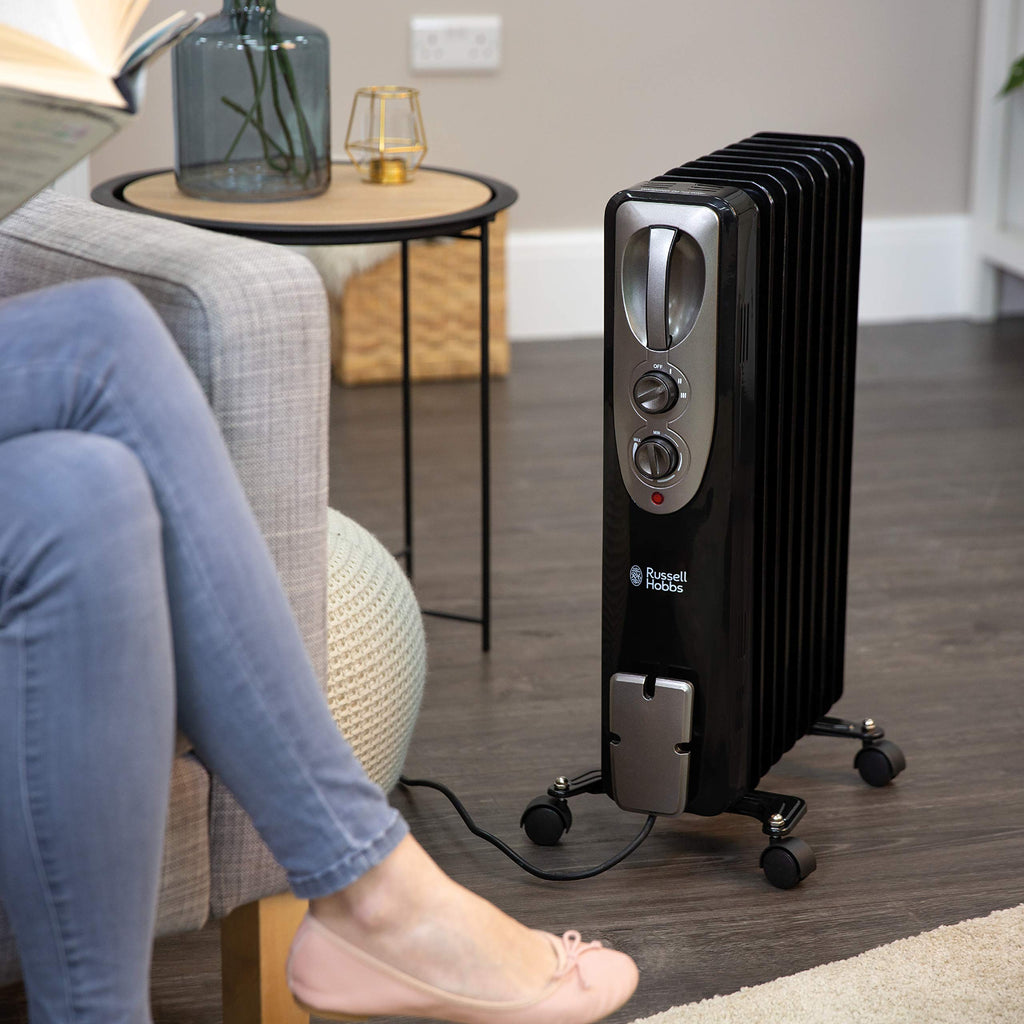 Russell Hobbs 2000W/2KW Oil Filled Radiator, 9 Fin Portable Electric Heater - White, Adjustable Thermostat with 3 Heat Settings, Safety Cut-off, 20 m sq Room Size, RHOFR5002, 2 Year Guarantee
