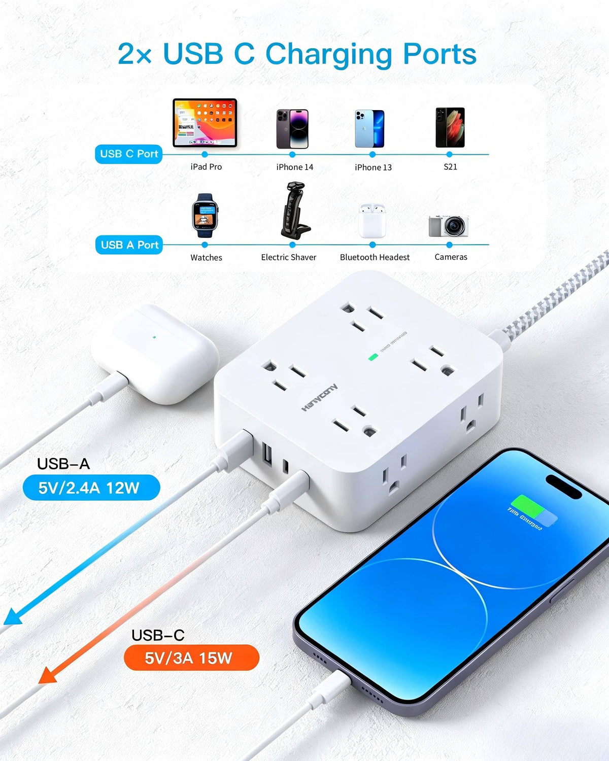 Extension Cord 10 Ft, Ultra Thin Flat Plug Power Strip Surge Protector